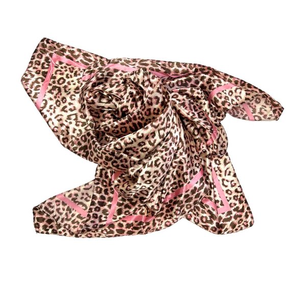 NEW Brown Pink Leopard Animal Printed Square Silky Scarf Wrap - Picture 5 of 5